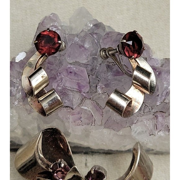 Vintage Sterling Purple Rhinestone Flower Bow Ribbon Brooch Pin Earring Set - Picture 3 of 8